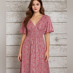 Faerie Galentines Faeriesty Elegant Pink Sequin Midi Dress with Hearts M